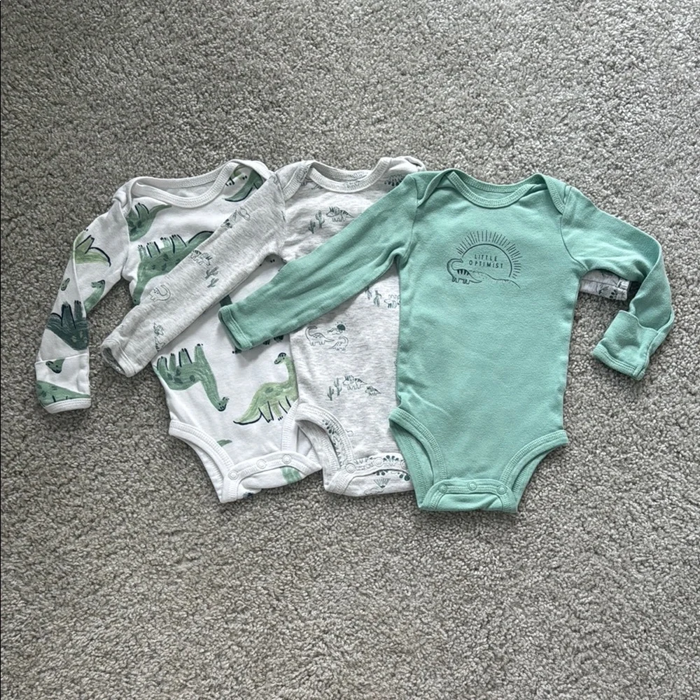 Dinosaur Print Baby Long Sleeve Onesie Bodysuit Set - Green and Gray
